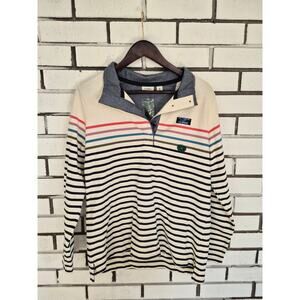 NWT L.L Bean Quarter Snap Pullover Cream Striped Cotton Sweatshirt Size Medium